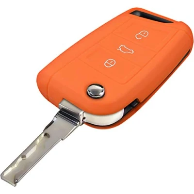 Abbildung von PhoneNatic Silikon Schlüssel Hülle kompatibel mit der VW Golf 7 / Octavia 3 Tasten Fernbedienung in orange Klappschlüssel Key