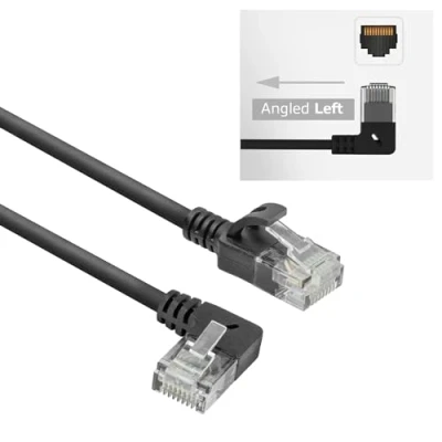 Abbildung von ACT CAT6A Netzwerkkabel 90 gewinkelt Nach links, U/UTP LSZH LAN Kabel Dünn 3.6mm Slimline, Flexibles Ethernet mit RJ45 Stecker, für den Einsatz in Datenzentren, 1 Meter, links DC1901