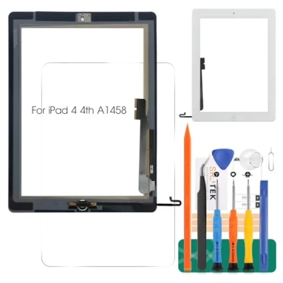 Abbildung von Ersatz Touchscreen Digitizer Glas, für iPad 4 4. A1458 A1459 A1460 Touch Display Panel Reparaturteil Set, mit gehärtetem Glas + Werkzeug Home Taste (nicht im Lieferumfang enthalten) (weiß)