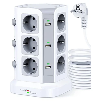 Abbildung von [5M Kable] KOOSLA 12 Fach Steckdosenturm mit Überspannungsschutz (4000W/16A), einzeln schaltbare Steckdosenleiste 6 USB für Büro Küche Tisch, 5M, Weiß