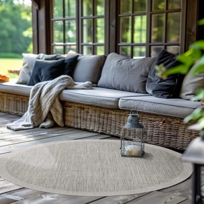 Abbildung von SIMPEX Outdoor Teppich Rund,Terrasse Balkon Garten Küchenteppich Einfarbiges Design Wetterfest Flachgewebe Sisal Look Waschbarer Teppich, Größe: 160 cm Rund, Farbe: Grau