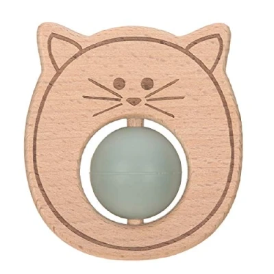 Abbildung von LÄSSIG Baby Greifling Beißring Beißhilfe Holz Silikon schadstoffgeprüft Spielen Anfassen Motorik Zahnen/Teether Ball, Little Chums cat, grau