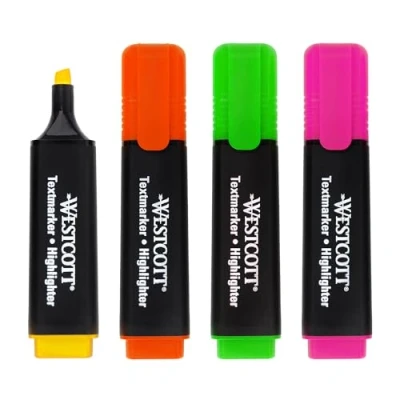Abbildung von WESTCOTT Marker Textmarker 4 Stück Mix, Highlighter in leuchtenden Farben, (Vorteilspack, tlg., Grün, Gelb, Orange, Pink), 2 5 mm Strichstärke, Premium Tinte aus Deutschland