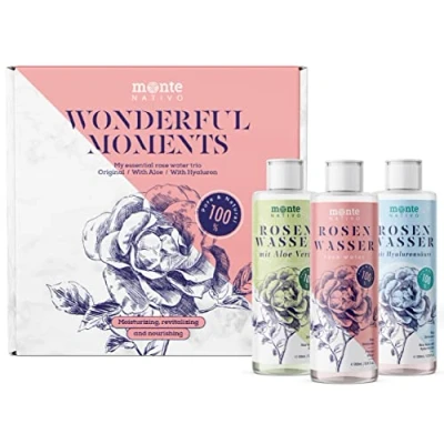 Abbildung von Rosenwasser Gesichtswasser Geschenkset Monte Nativo (600ml) Rose water for face Original, mit Aloe Vera, Hyaluron Gesichtstoner Gesichtsreinigung Porenreiniger Gesicht Naturkosmetik