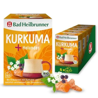 Abbildung von Bad Heilbrunner Bio Kurkuma + Holunder Tee Kräutertee im Filterbeutel Kurkuma, Holunderbeeren, Holunderblüten harmonische Zusammenspiel (5 x15 Stück Filterbeutel)
