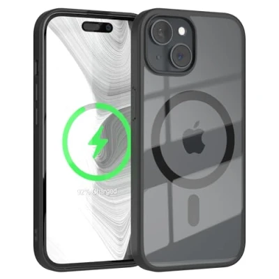 Abbildung von EAZY CASE Crystal TPU Hülle kompatibel mit iPhone 15 Qi Charging, Silikon Kameraschutz, Slimcover, Handyhülle, Silikonhülle, Backcover, Durchsichtig, Transparent/Schwarz