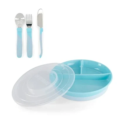 Abbildung von Twistshake Babygeschirr Set Geteilter Teller + Besteck Aus Rostfreiem Stahl 12m+ BPA Frei Esslernset für Kinder Blau