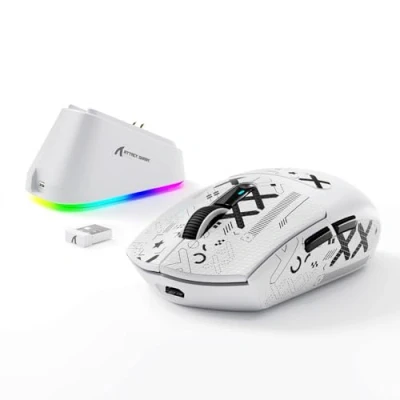Abbildung von MAMBASNAKE x Attack Shark G3PRO Gaming Maus mit Magnetischer Ladestation, BT/2.4G Wireless/Kabel, PixArt PAW3311 Sensor, 59g leicht, 25000 DPI Lightspeed Gamer Office Mäuse für PC/Mac Weiß Tape