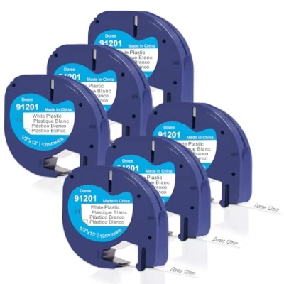 Abbildung von DOREE (6 Pack) 91221 91201 Plastic White Band,12mm x 4m,Schwarz auf Weiß,kompatibel mit Dymo Letratag 91221,für XR Etikettenband Beschriftungsgerät für LT 100H,LT 100T,XM,200B