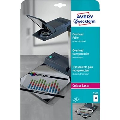 Abbildung von AVERY Zweckform 3566 Overhead Folien für Farblaserdrucker (20 Transparentfolien, A4, spezialbeschichtet, stapelverarbeitbar, extrem hitzestabil durch erhöhte Folienstärke 0,13mm, lösemittelfrei)
