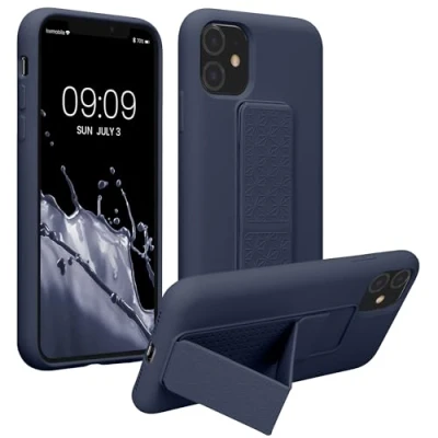 Abbildung von kwmobile Handyhülle kompatibel mit Apple iPhone 11 Hülle Fingerhalter und Standfunktion Silikon Case Handy Cover in Heidelbeerblau