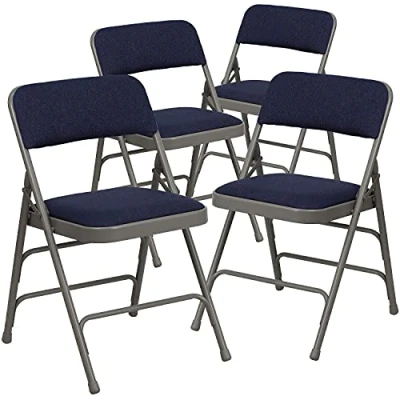 Abbildung von Flash Furniture Klappstuhl, geschwungen, mit dreifacher Verstrebung und doppeltem Scharnier aus marineblauem Vinyl Metall, 4 Stück