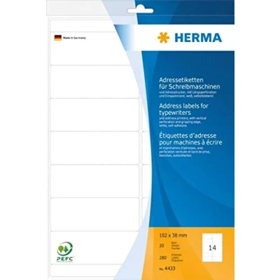 Abbildung von HERMA 4433 Adressetiketten für Schreibmaschinen, 20 Blatt, 102 x 38 mm, 14 pro A4 Bogen, 280 Stück, selbstklebend, bedruckbar, matt, blanko Papier Klebeetiketten Adressaufkleber Etiketten, weiß