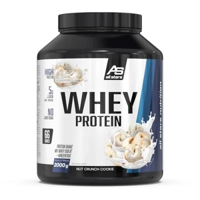 Abbildung von ALL STARS Whey Protein (2 kg, Nut Crunch Cookie) Cremiger Shake mit Isolat + Konzentrat hochwertiges Pulver ca. 22 g Eiweiß/Portion 2000