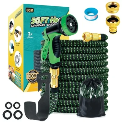 Abbildung von Funnity Gartenschlauch Flexibel 30M, Garten Wasserschlauch mit 10 Funktionen, Strapazierfähiger 3 Lagiger Latex 3/4 Zoll und 1/2 Metallanschlüsse,Grün Flexibler 30M