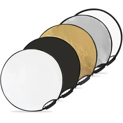 Abbildung von K&amp;F Concept 5 in 1 Reflektor Fotografie Kit (60 cm), Faltreflektor mit Aufbewahrungstasche&amp; Handgriff, Durchscheinend, Silber, Gold, Weiß und Schwarz Runde Reflektoren für Fotografie,Außenbeleuchtung