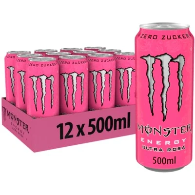 Abbildung von Monster Energy Ultra Rosa koffeinhaltiger Drink mit erfrischendem Grapefruit Geschmack ohne Zucker und Kalorien in praktischen Einweg Dosen (12 x 500 ml)