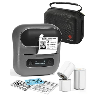Abbildung von Phomemo M220 Etikettendrucker, Bluetooth Etikettendrucker für Barcode, Adresse, Haus, Mailing, Kleinunternehmen, Kleidung, Tragbarer Grau mit 3 Rollen Etiketten &amp; Tasche,Grau