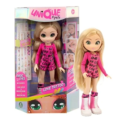 Abbildung von Giochi Preziosi Unique Eyes Love Tatoo Amy trägt modische Kleidung und in der Packung finden Sie die bunten Tattoos für trendige Mädchen, Kinder ab 3 Jahren, Mym32100