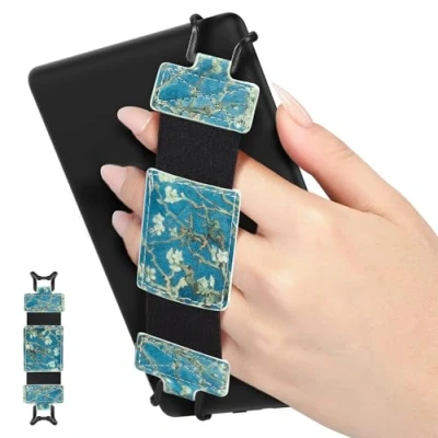Abbildung von MoKo Weich Handschlaufe für 6&quot; 8&quot; Kindle eReaders Fire Tablet Kindle/Kobo/Voyaga/Lenovo/Sony E Book Tablet, Hochelastisch Vielseitig Fingerhalterung Griff Halter, Aprikose Blume