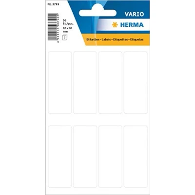 Abbildung von HERMA 3749 Vielzweck Etiketten, 56 Stück, 20 x 50 mm, 8 pro Bogen, selbstklebend, Haushaltsetiketten zum Beschriften für Kalender Planer Basteln, matt, blanko Papier Klebeetiketten Aufkleber, weiß