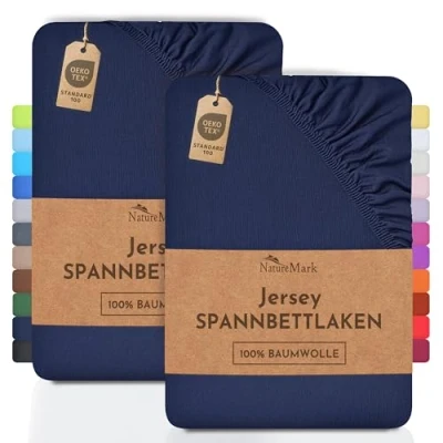 Abbildung von Spannbettlaken Jersey Spannbettlaken, NatureMark, 100% Baumwolle, Gummizug: rundum, (2 Stück), Kinder Spannbetttuch, für Baby /Kinderbett, 70x140 cm, Navy blau