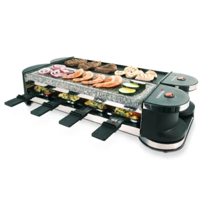 Abbildung von KORONA Raclette 45071, 8 Raclettepfännchen, 1200,00 W, drehbar, mit Naturstein &amp; antihaftbeschichteter Grillplatte