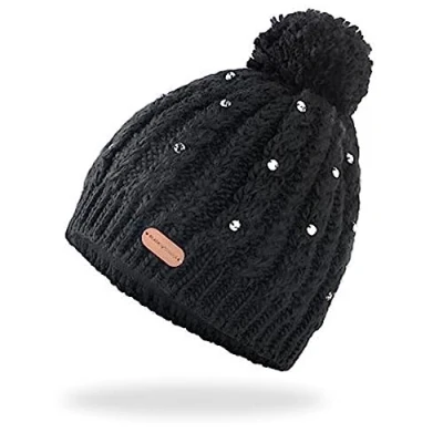 Abbildung von Black Crevice Damen Strickmütze I Winter Mütze mit Glitzerperlen &amp; Pompom One Size Strick sehr warmen Fleece Innenfutter Wintermützen
