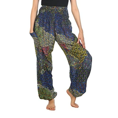 Abbildung von Lofbaz Damen Boho Haremshose Festival Outfit Sommerhose Leicht Yogahose Pumphose Hippie Hose Kleidung Sommer Hosen Peacock 3 Blau B 3XL Große Größen
