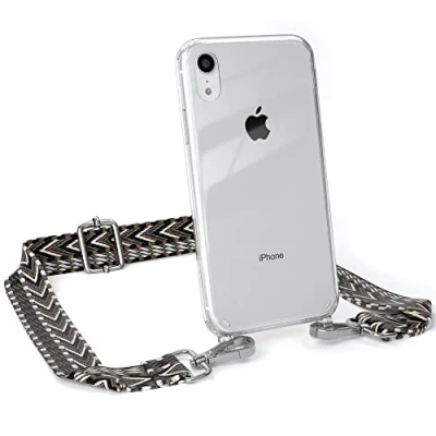 Abbildung von EAZY CASE Handykette Verstellbarer Gurt kompatibel mit iPhone XR, Schulterriemen, Flache Kordel, Handykordel Hülle, Hülle Kette, Anthrazit/Schwarz Metall Silber