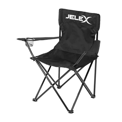 Abbildung von JELEX Expedition Campingstuhl mit Rückenlehne, integrierten Armlehnen und Getränkehalter, einfacher Klappmechanismus. Schmutz wasserabweisend (Schwarz)