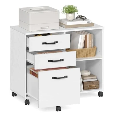 Abbildung von VASAGLE Rollcontainer, Aktenschrank, mit 3 Schubladen und Rollen, offene Fächer, für Dokumente in DIN A4 , Letter Format, Druckerständer, Industrie Design, weiß Holzmaserung OFC041W46