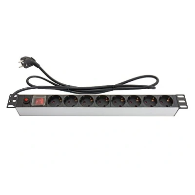 Abbildung von Good Connections Steckdosenleiste 19&quot; (1HE) Schutzkontakt Stecker an 8x Buchse Schalter mit Schalterschutz, ÜSS, Kinderschutz, Wandmontage Aluminium Profil, silber