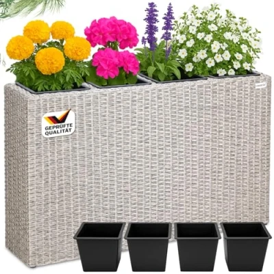 Abbildung von Casaria Pflanzkübel, 4 Innentöpfe Herausnehmbar Polyrattan 95x27x60cm Blumentopf Creme