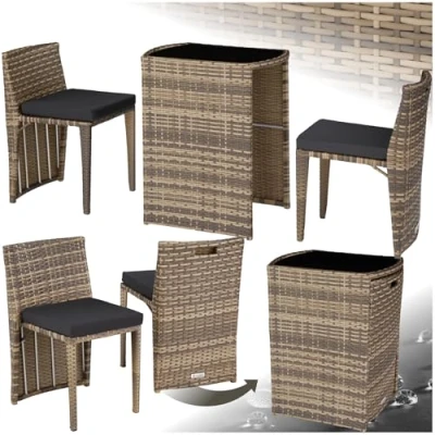 Abbildung von tectake® Poly Rattan Bistroset, platzsparend zusammenschiebbar, Gartenmöbel Set mit 2 Stühlen &amp; Tisch, Outdoor Möbel, Sitzgruppe für Garten, Wintergarten, Balkon Terrasse Natur