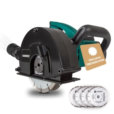 Abbildung von VONROC Schlitzfräse Mauernutfräse mit Absaugung [1700W] Nutfräser für Kabelnut [14/19/29mm] Schlitzmaschine 150mm Schnittiefe [4 40mm] inklusive 4 Diamantscheiben