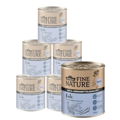 Abbildung von Dehner Fine Nature Hundefutter, Nassfutter in Lebensmittelqualität, für ältere Hunde, Ente, 6 x 800 g Dose (4.8 kg)