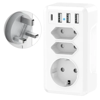 Abbildung von 7 in 1 Reiseadapter UK Adapter, Reisestecker Adapter England Deutschland Stecker mit USB C &amp; 3USB, EU to Steckdose Steckdosenadapter Type G für Irland Dubai,Malediven