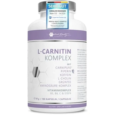 Abbildung von L Carnitin 180 Kapseln hochdosiert Premium Rohstoff Carnipure® von Lonza mit den Vitaminen B3, B6 und C Vegane Cholin, Lysin, Grüntee, Koffein Piperin, laborgeprüft