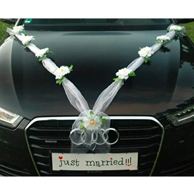 Abbildung von ZINNIE M Auto Schmuck Braut Paar Rose Deko Dekoration Autoschmuck Hochzeit Car Wedding Girlande PKW (Weiß)