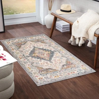 Abbildung von Surya Casablanca Teppich Läufer Flur, Esszimmer Wohnzimmer, Rugs Living Room Boho Orientalisch Style, Kurzflor Carpet Bunter Grau, Taupe, Blau, Creme, Senf, 80x150cm