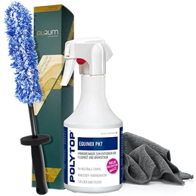 Abbildung von detailmate Felgenreinigungsset: POLYTOP Equinox pH7 500ml + Aurum ultraFlat Microfaser Felgenbürste Mikrofasertuch 320GSM