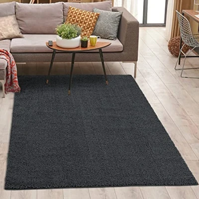 Abbildung von carpet city Shaggy Teppich Hochflor 120x170 cm Anthrazit Einfarbig Weicher Wohnzimmerteppich Uni Modern Polyester Teppiche Soft Flauschig Weich Schlafzimmer Kinderzimmerteppich