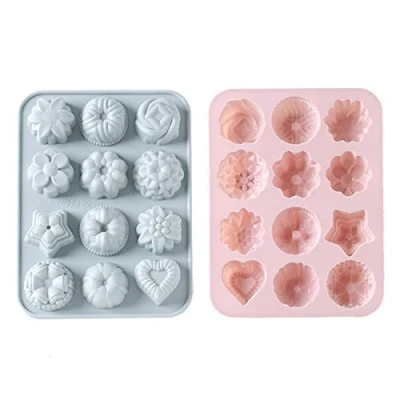 Abbildung von Eterspr 2 Stück Silikon Blumen Backform für Kuchen, Silikonform, 12 Cavity Förmchen Seife DIY Formen, Kuchen Backen, Schokolade, Biscuit, Handgemachte (Pink, Grau Blau)