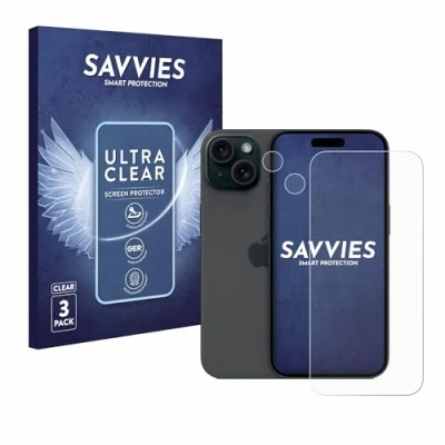 Abbildung von Savvies 6 Stück Schutzfolie für Apple iPhone 15 (Display+Kamera) Displayschutz Folie Ultra Transparent