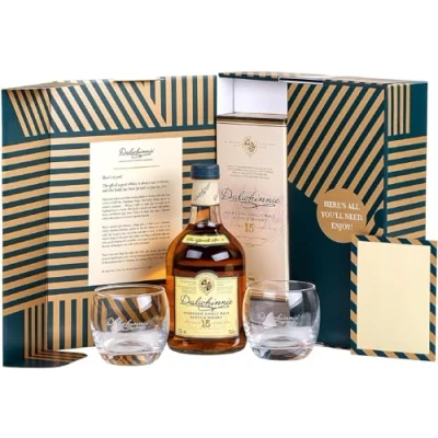 Abbildung von Dalwhinnie 15 Jahre Highland Single Malt Scotch Whisky aromatischer Besteller im hochwertigen Geschenkset mit Gläsern &amp; Grußkarte 43% vol 700ml Einzelflasche