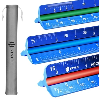 Abbildung von Stylo Architekten Maßstabslineal aus Aluminium, 30,5 cm, lasergeätztes dreieckiges Zeichenlineal mit Farbe imperiales architektonisches für Blaupausen (Blau, Imperiale Einheiten)