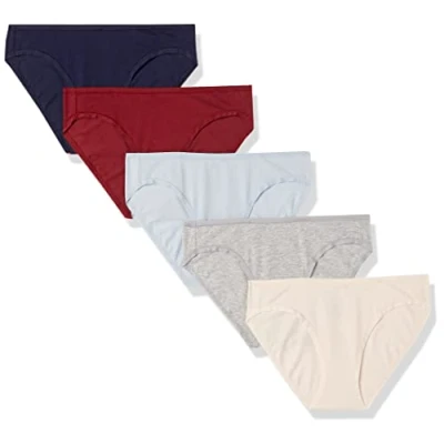 Abbildung von Amazon Essentials Damen Unterhose im Bikini Schnitt aus Baumwolle Auslauffarben, 5er Pack, Dunkelrot/Gehaucht Rosa/Grau Meliert/Hellblau/Marineblau, 42
