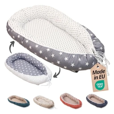 Abbildung von ULLENBOOM Babynest 100% OEKO TEX Materialien &amp; Made in EU, Weiß Grau Babynestchen Neugeborene aus kuscheliger Baumwolle, Ideal als Reisebett Kuschelnest geeignet