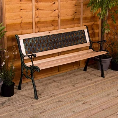 Abbildung von Home Discount Garden Vida Gartenbank, Cross Style Design, 3 Sitzer, Gartenmöbel, Sitzgelegenheiten, Holzlatten, Gusseisenbeine, Park und Terrassensitz